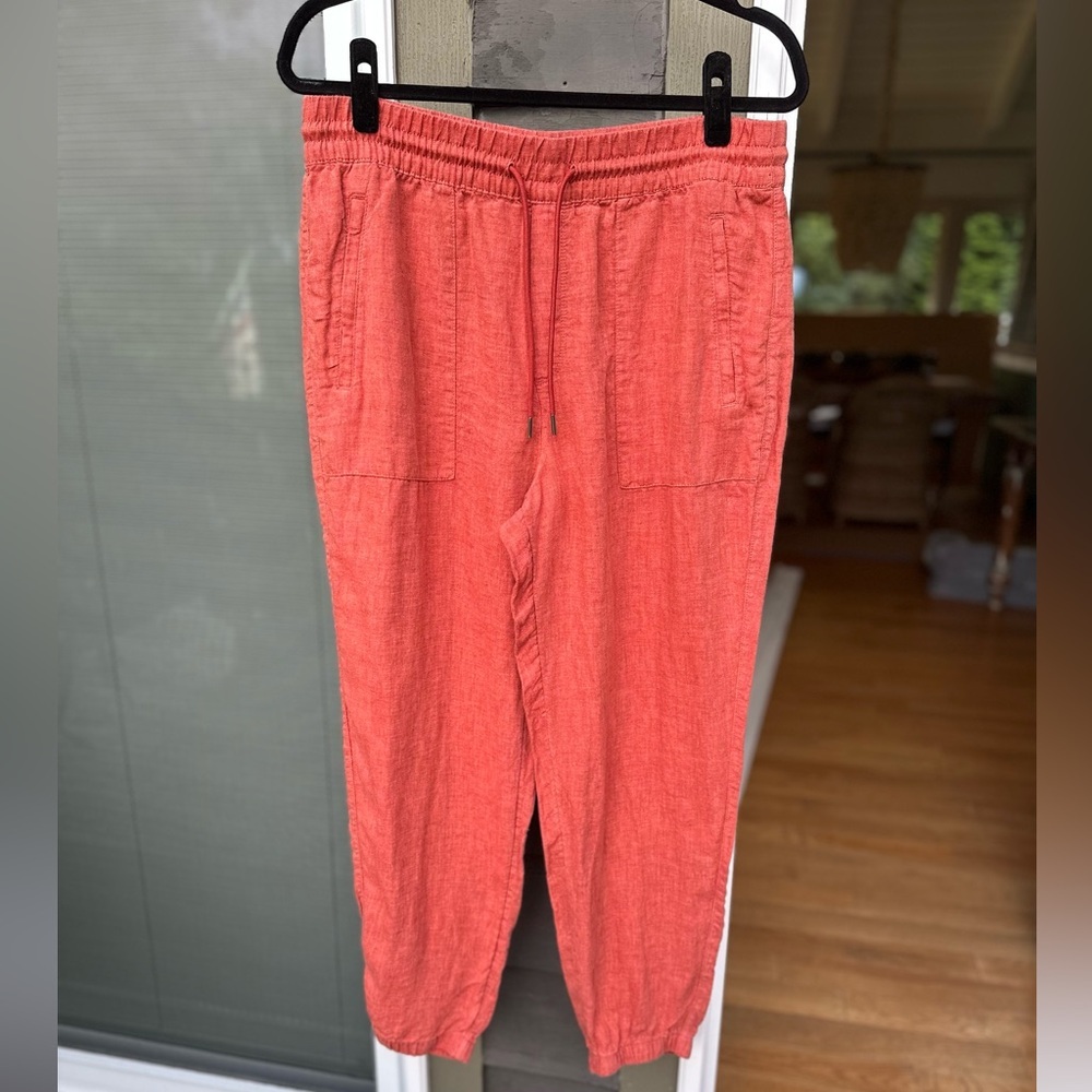 Athleta Linen Blend Jogger Pants Coral Orange Drawstring Waist Women's Size 12